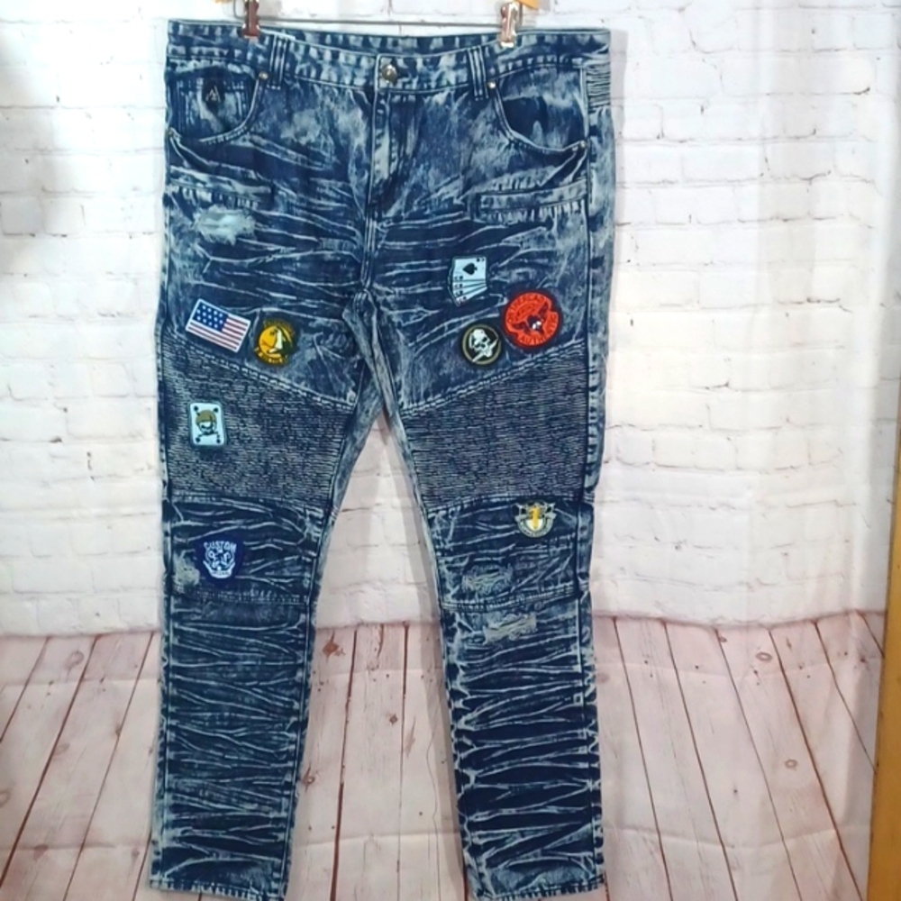 DMN Men's  Patch  Motorcycle Stretch Blue  Jeans 42‎ Wx36x47